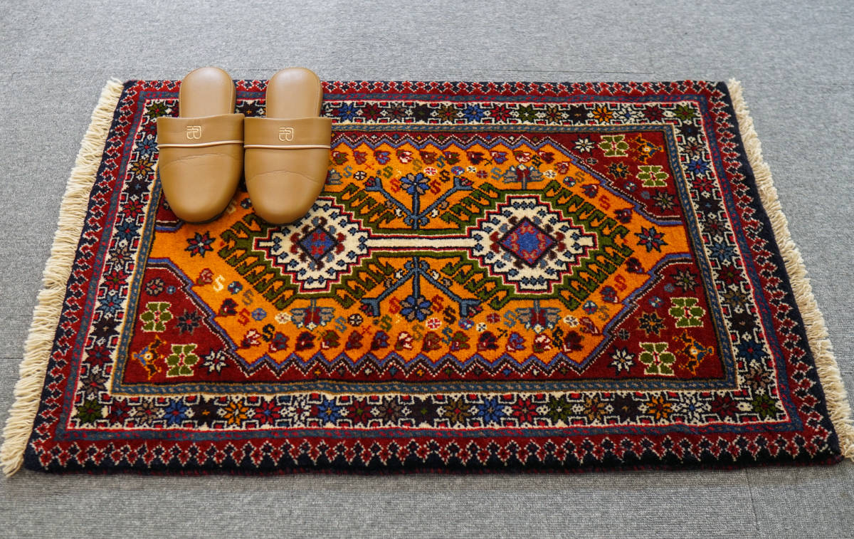 91×60cm 手織り ペルシャ絨毯 ヤラメ_画像1
