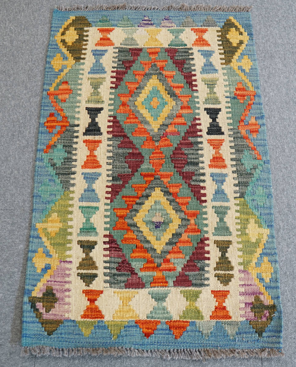 92×60cm【アフガニスタン手織りキリム】手織り絨毯-