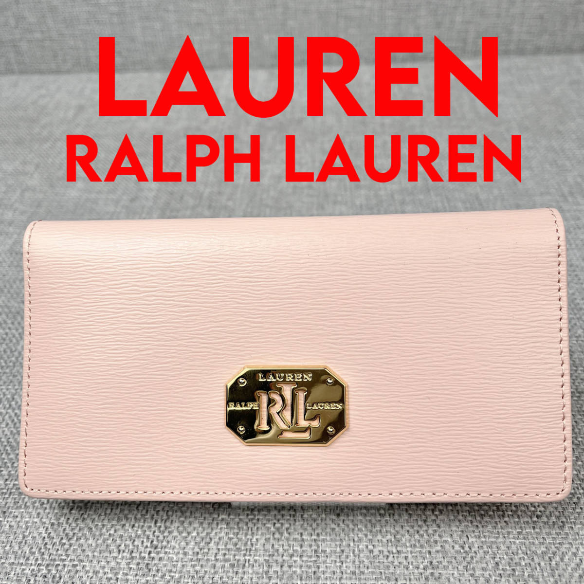 未使用★Ralph Lauren ラルフローレン 2つ折り長財布 ファスナー小銭入 型押しレザー ピンク