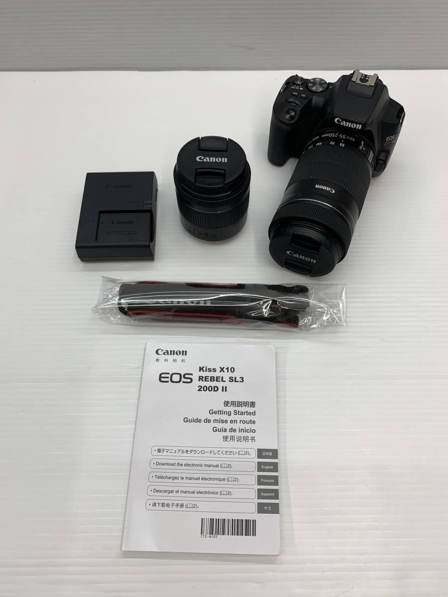 105-KE1147-100: Canon キャノン Kiss X10 デジタル一眼レフカメラ バッテリー アダプタ 18‐55mm 55-250ｍｍレンズセット 動作確認済_画像1