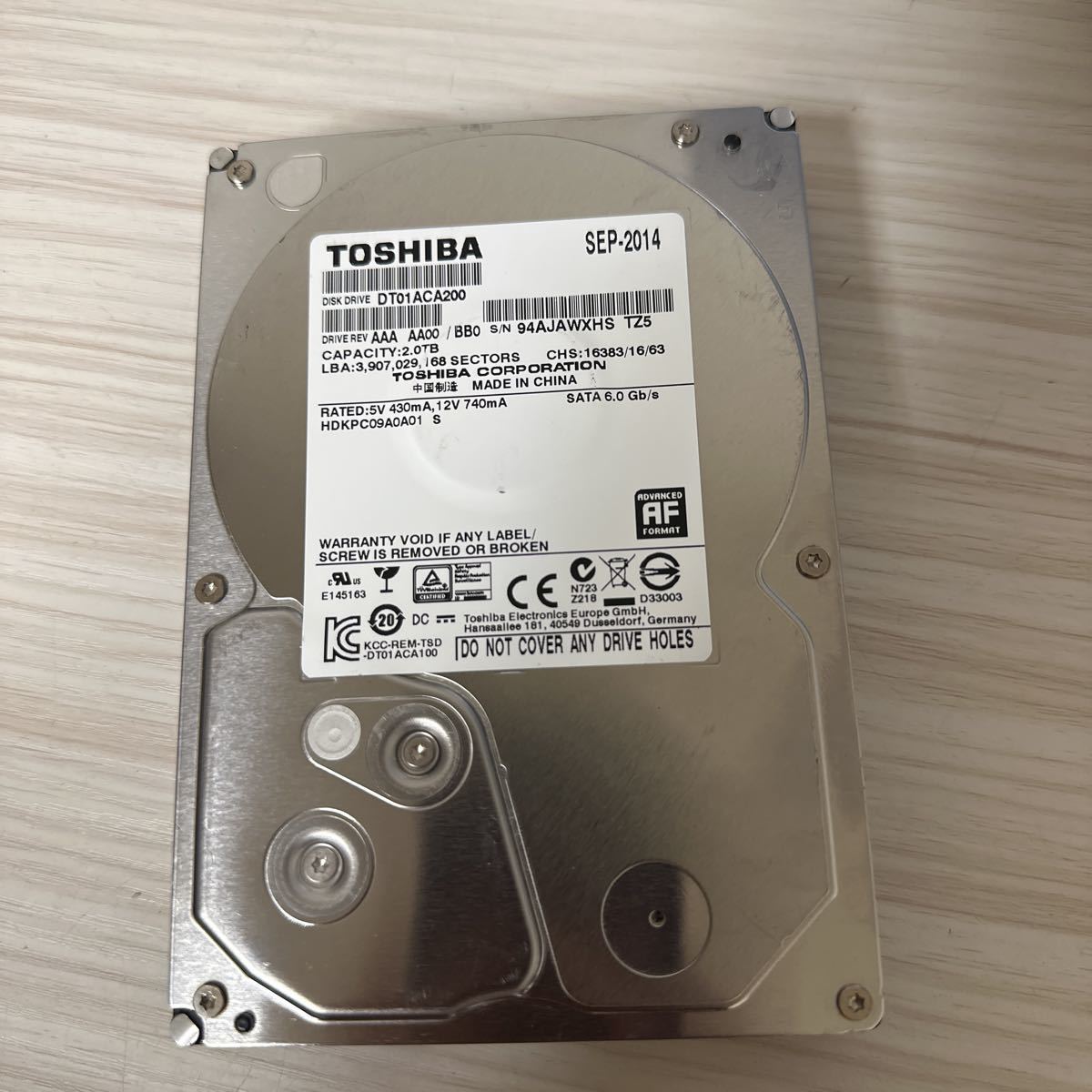 X399:【動作保証/使用0時間/AVコマンド対応】TOSHIBA 2TB HDD DT01ACA200 3.5インチHDD SATA_画像1