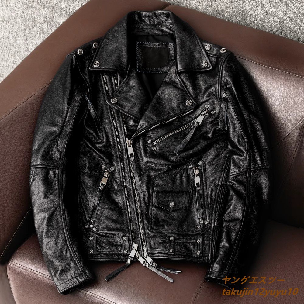 35万■最上級 カウハイド レザージャケット 個性 本革 ライダースジャケット トレンド ヴィンテージ ブルゾン革ジャン バイクウェア 黒 4XL