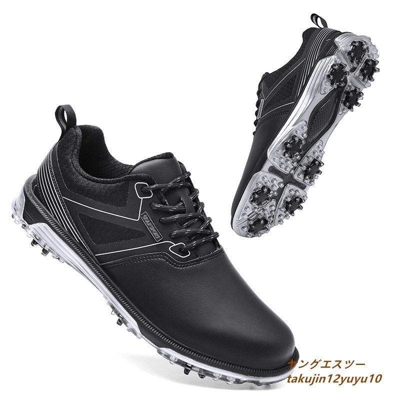 高級 ゴルフシューズ 4E 運動靴 メンズ ソフトスパイク 強いグリップ新品 軽量 フィット感 スポーツシューズ弾力性 防水防滑耐磨 黒 25.0cm