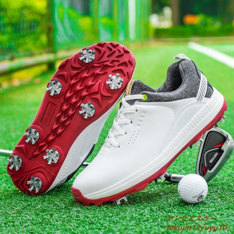 ゴルフシューズ メンズ ソフトスパイク 強いグリップ 4E 運動靴 新品 スポーツシューズ 軽量 フィット感 弾力性 防水 防滑 耐磨 白 27.5cm_画像2