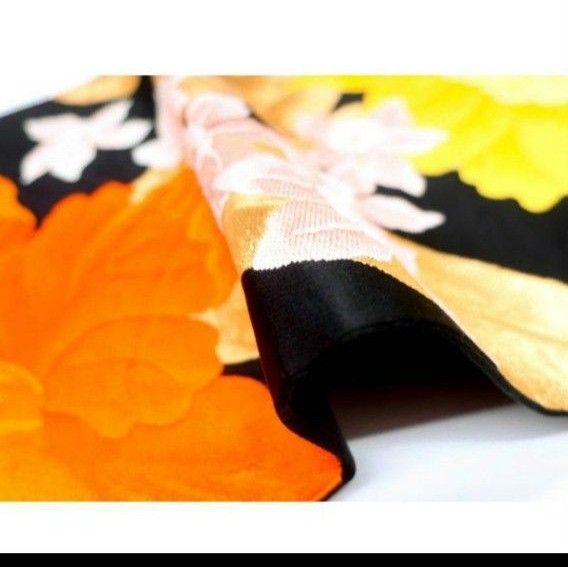 袋帯 西陣織 花文様 金糸 黄色 黒地 オレンジ 大胆 正絹 帯 リサイクル
