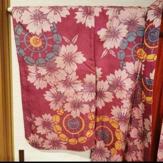 バチ衿 銘仙 桜 ピンク クリーニング済 アンティーク着物 ヴィンテージ 着物