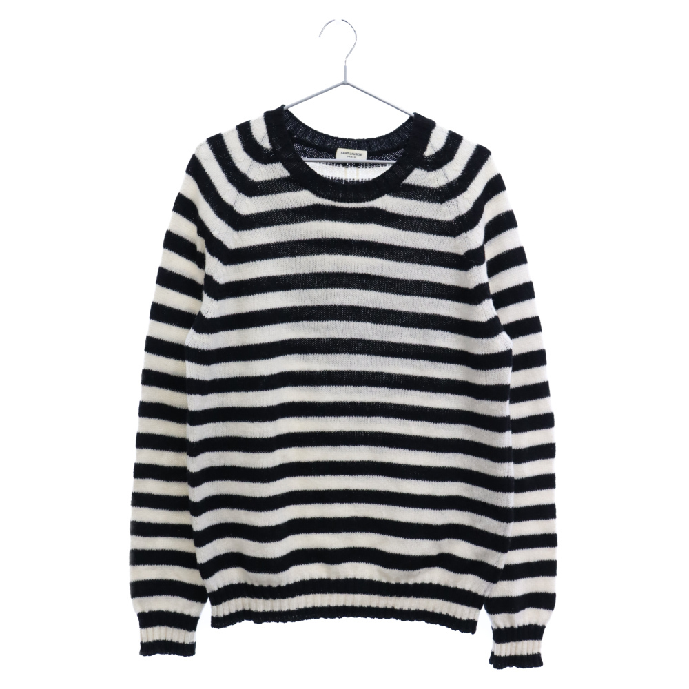 SAINT LAURENT PARIS sun rolan Paris 15AW low gauge border knitted crew neck long sleeve sweater white / black 390409 Y1JN1