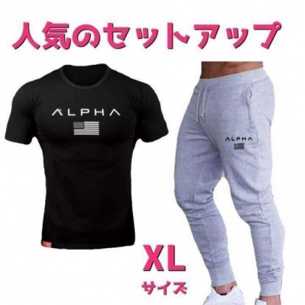 Tシャツ×スウェットジョガーパンツセットアップメンズジムウェアXLサイズ黒グレー_画像1