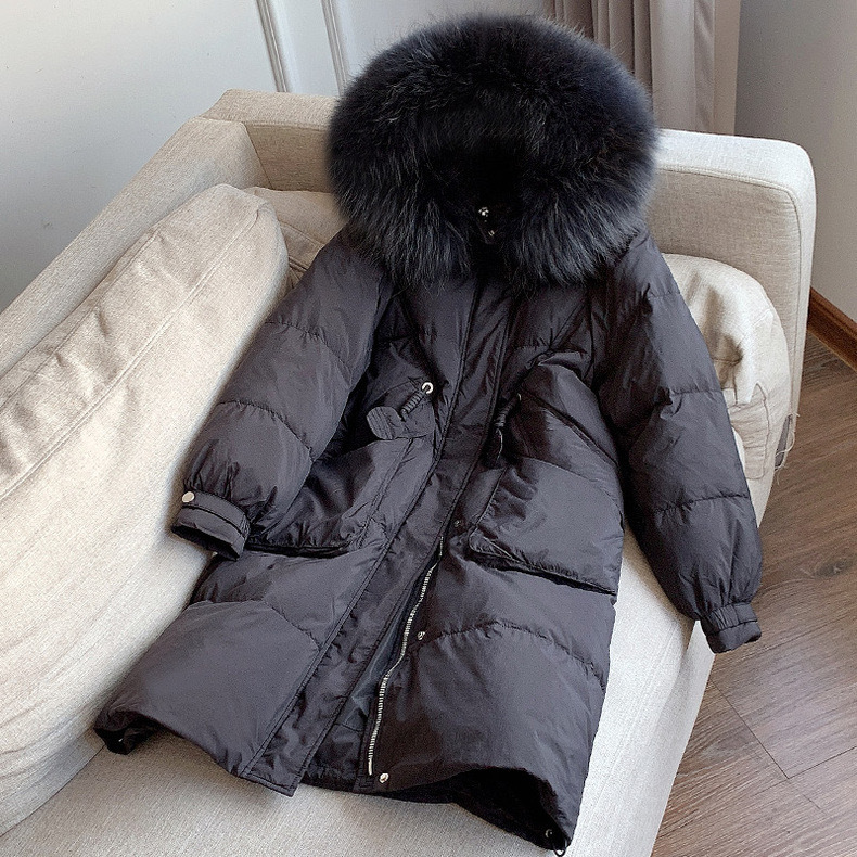 新品可愛いレデイース90％ダウンジャケット暖かいコートフォックスファーフード黒ーM
