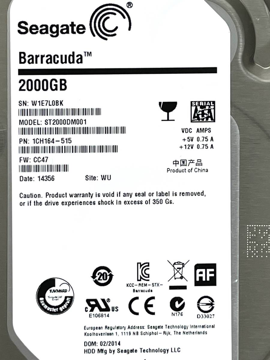 【送料無料】 ★ 2TB ★　ST2000DM001　/　Seagate　【 使用時間：923 ｈ 】稼働少 3.5インチ内蔵HDD SATA　ST2000DM001-1CH164　FW: CC47