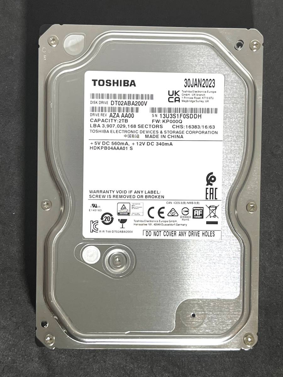 【送料無料】　★ 2TB ★　TOSHIBA / DT02ABA200V　【使用時間： 13 ｈ】 2023年製　新品同様　3.5インチ内蔵HDD AVコマンド対応_画像1