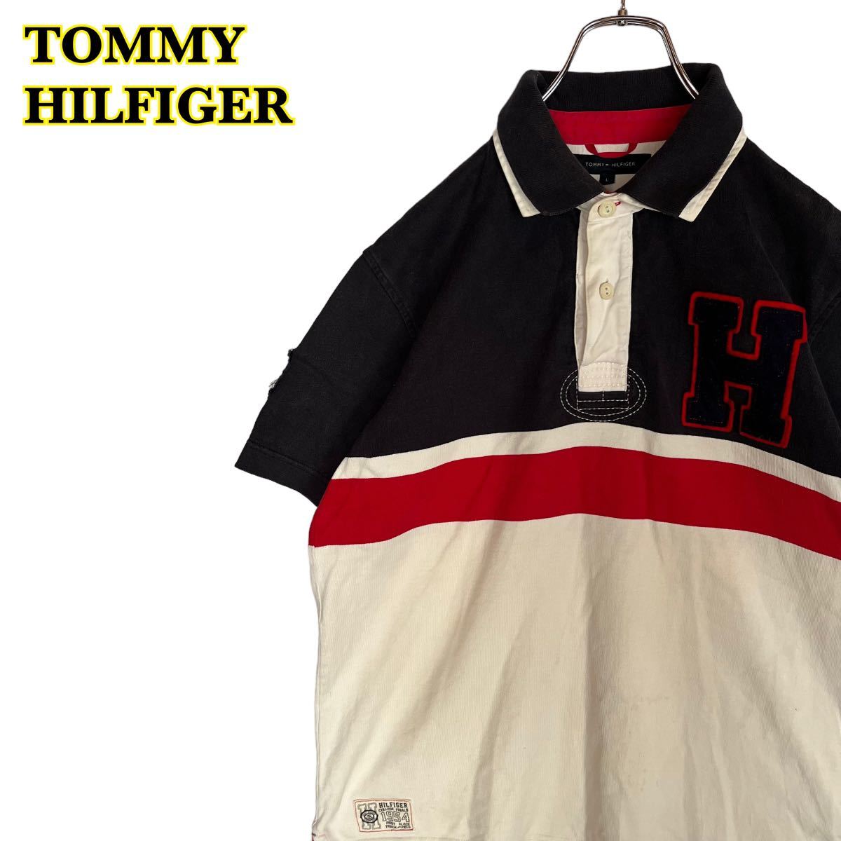 TOMMY HILFIGER トミーヒルフィガー 半袖ラガーシャツ ポロシャツ ワッペン メンズ Lサイズ 【AY1351】の画像1