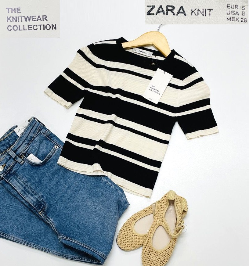 未使用品 /S/ ZARA ボーダー ニット半袖Tシャツ レディース タグ