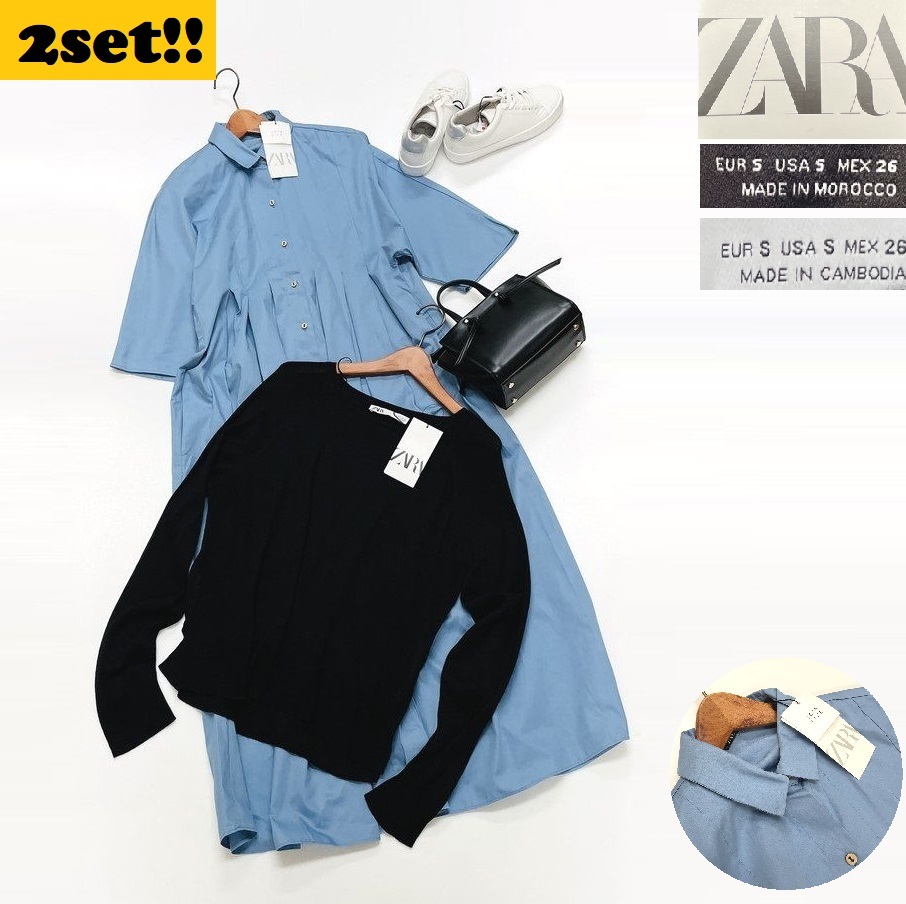 2セット 未使用品 /S/ ZARA ブラック ニットセーター ライトブルー半袖シャツワンピース レディース タグカジュアルトップス デイリー ザラ