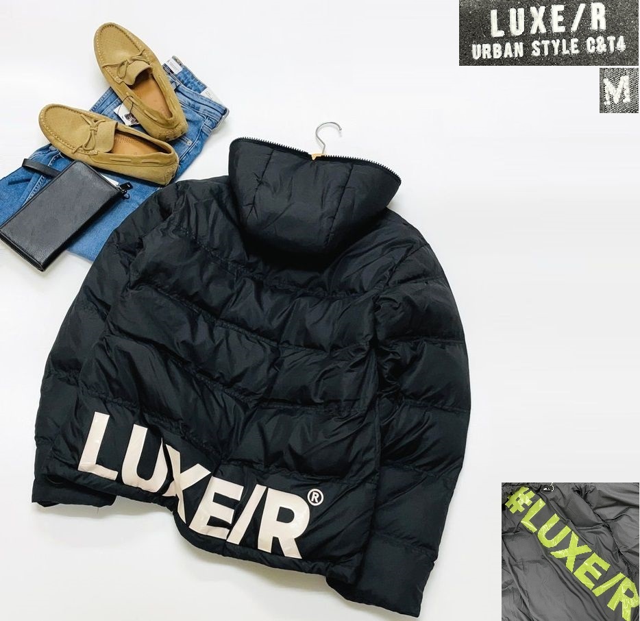 未使用品【M】LUXE/R ブラック 中綿ジャケット ブランドロゴ フード アウトドア タグ 黒フルジップ ライム カジュアル ストリート ラグジュ