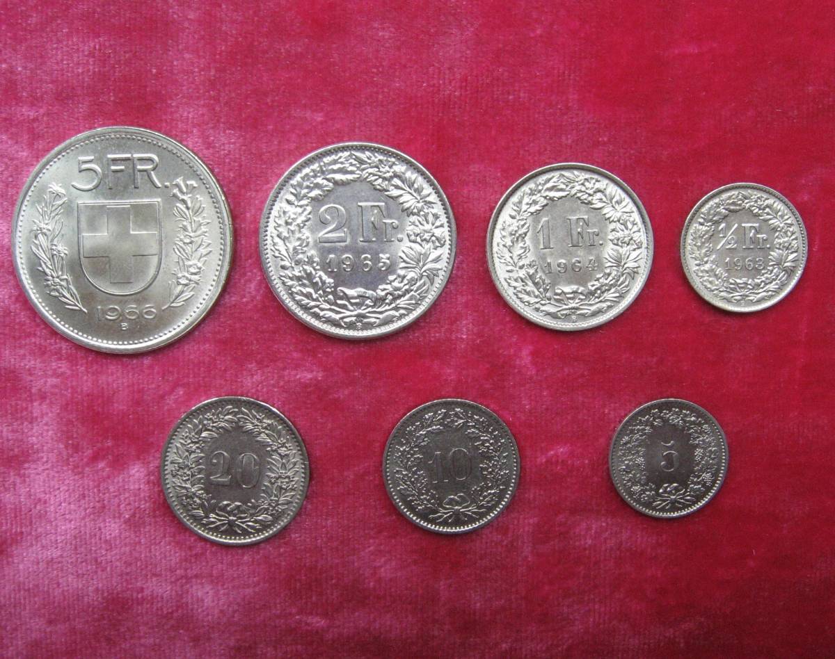スイス 5フラン銀貨・2フラン銀貨・1フラン銀貨等 銀貨4枚と白銅貨3枚