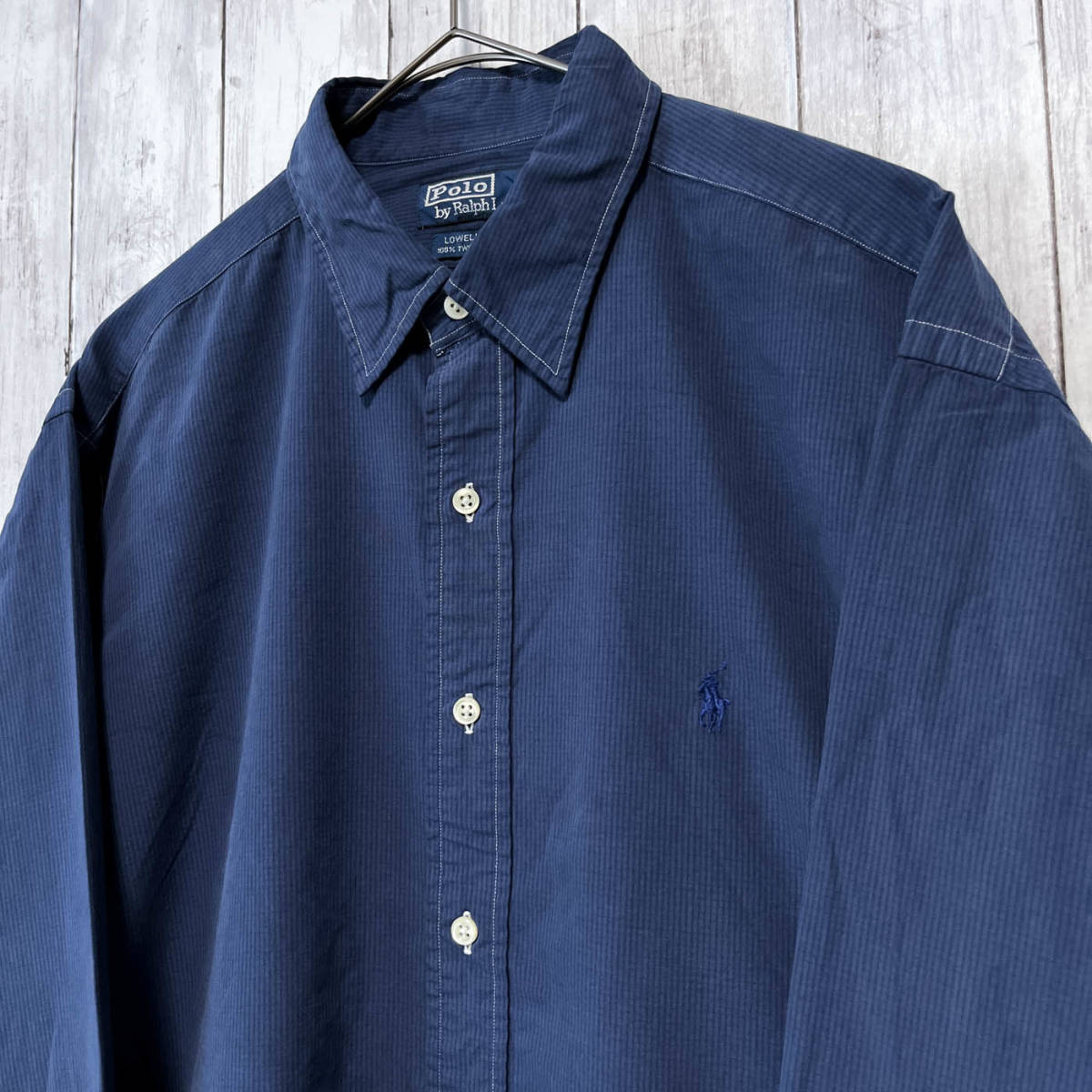 ラルフローレン Ralph Lauren LOWELL SPORT ストライプシャツ 長袖シャツ メンズ ワンポイント TWO-PLY COTTON100% Lサイズ 3‐707