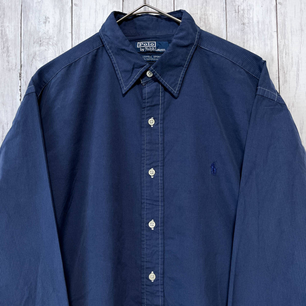 ラルフローレン Ralph Lauren LOWELL SPORT ストライプシャツ 長袖シャツ メンズ ワンポイント TWO-PLY COTTON100% Lサイズ 3‐707