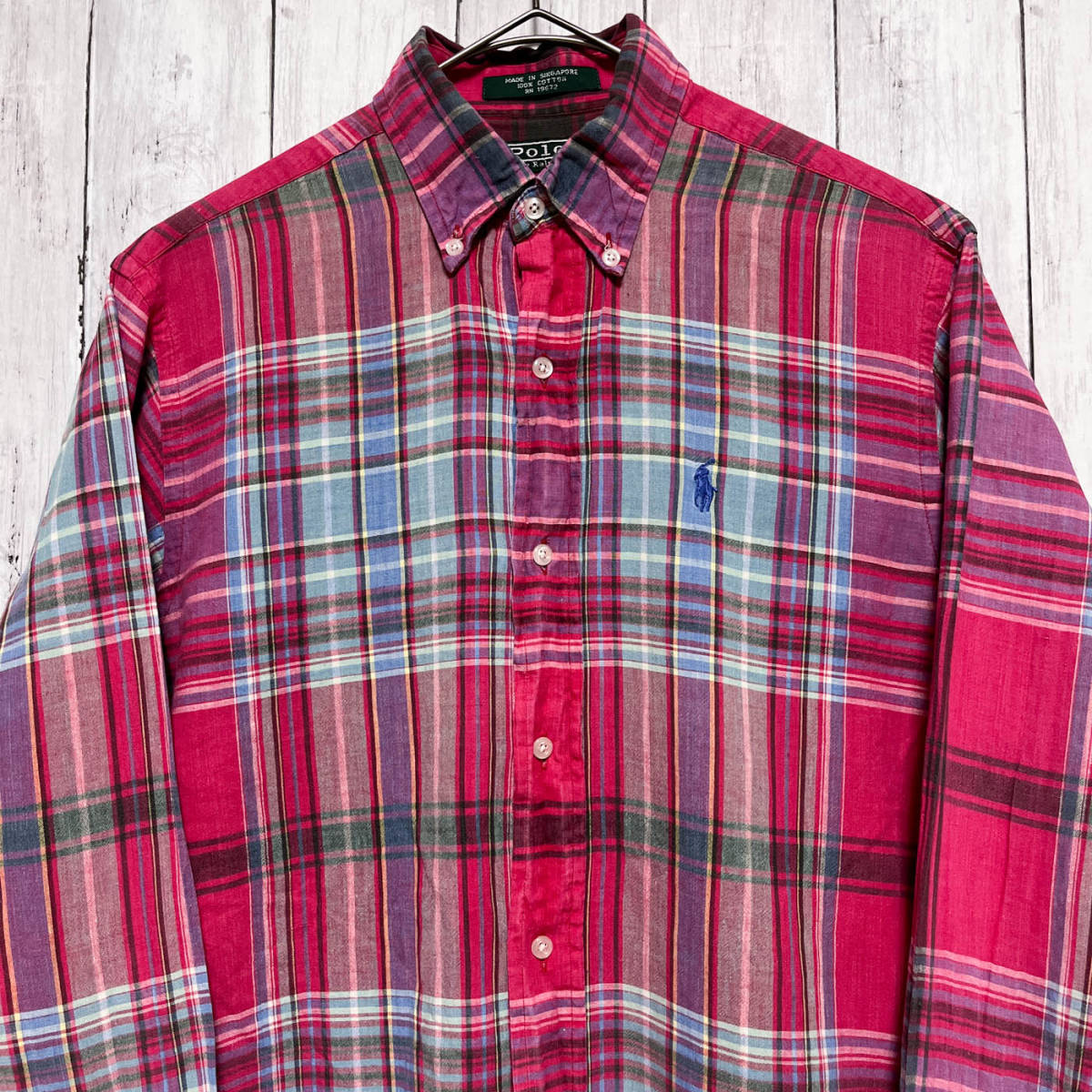 ラルフローレン Ralph Lauren チェックシャツ 薄手 長袖シャツ レディース ワンポイント コットン100% Lサイズ 3‐762