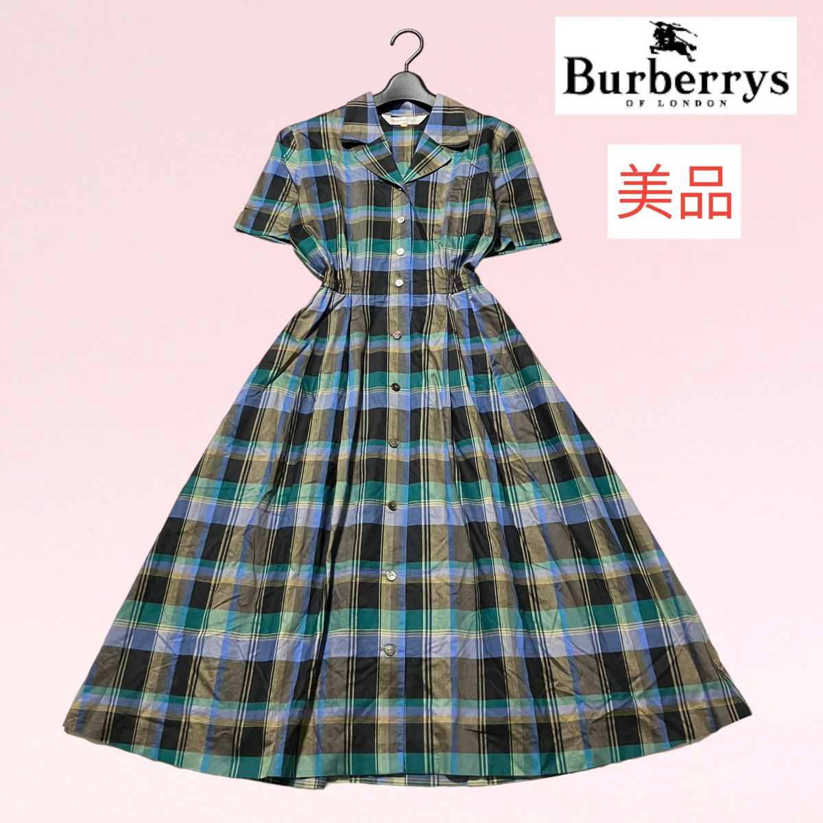 美品 バーバリーズ BURBERRY 光沢 チェック柄 ロング シャツワンピース