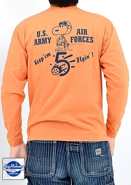 BUZZ×PEANUTSロングTシャツ「keep 'em Fllyin'」◆BUZZ RICKSON'S オレンジMサイズ BR69277 バズリクソンズ スヌーピー