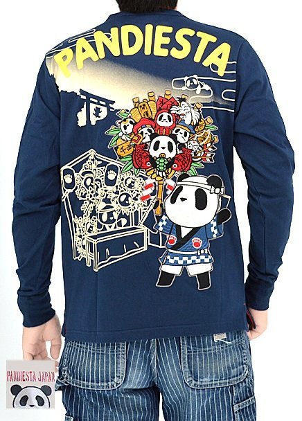 逆輸入 商売繁盛熊猫手ロングTシャツ◇PANDIESTA JAPAN 和柄 刺繍