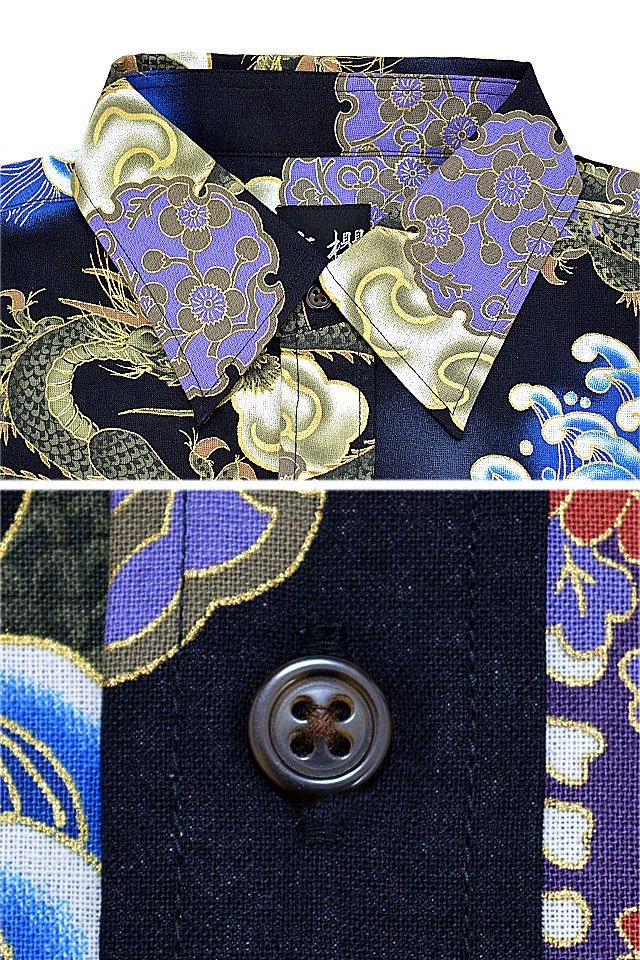 長袖レギュラーカラーシャツ「金箔飛龍」◆衣櫻 ブラックLサイズ SA-1568 和柄 和風 日本製 国産 総柄 竜 ドラゴン_画像4