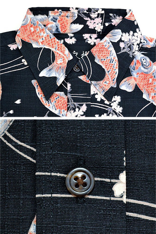 長袖レギュラーカラーシャツ「跳ね鯉」◆衣櫻 ブラックLサイズ SA-1565 和柄 和風 コイ 日本製 国産 総柄_画像2