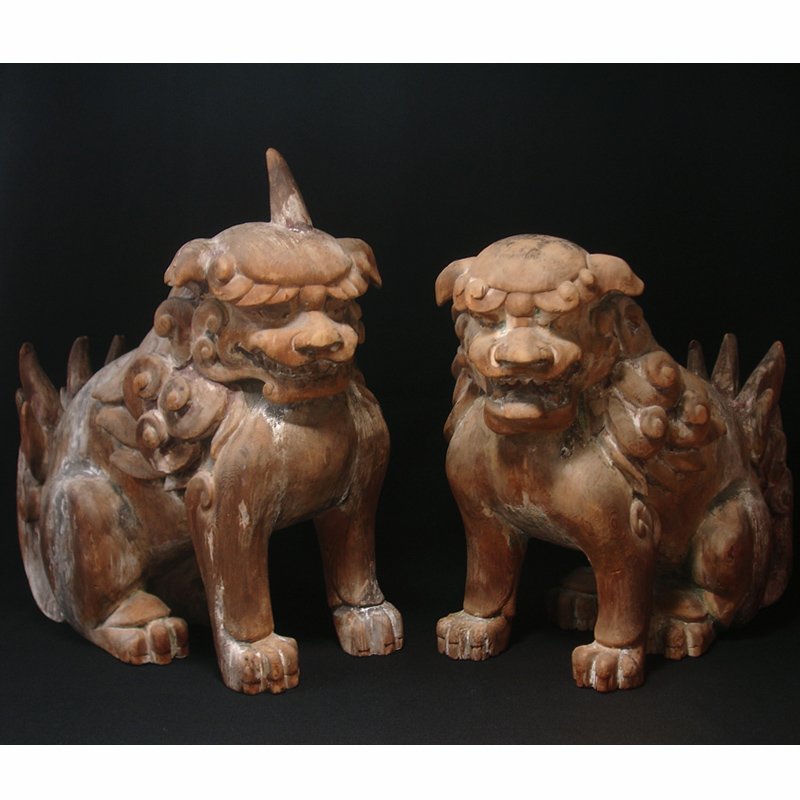 慶應◇時代仏教美術江戸前期木造狛犬阿吽一対寄木造・彩色獅子置物魔除