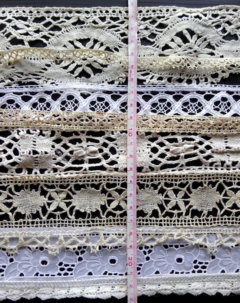 19世紀-20世紀フランス アンティーク レース 9点 刺繍 布 縫製 古布 カットワーク スカラップ トリム チュール リメイクパーツ H_画像6