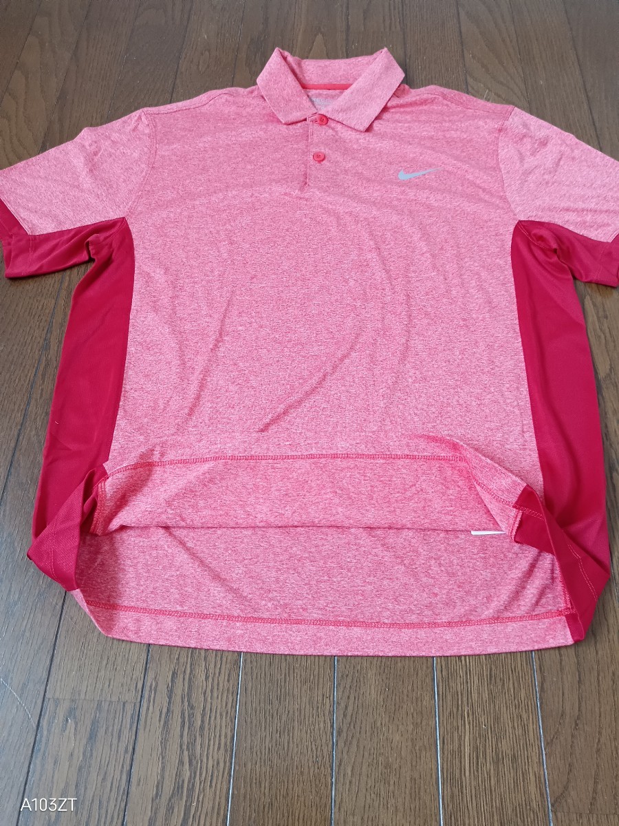 【中古品】NIKEGOLFナイキゴルフ DRY-FIT　半袖ポロシャツ　ゴルフウェア　速乾性素材　サーモンピンク赤　メンズサイズＬ_画像8
