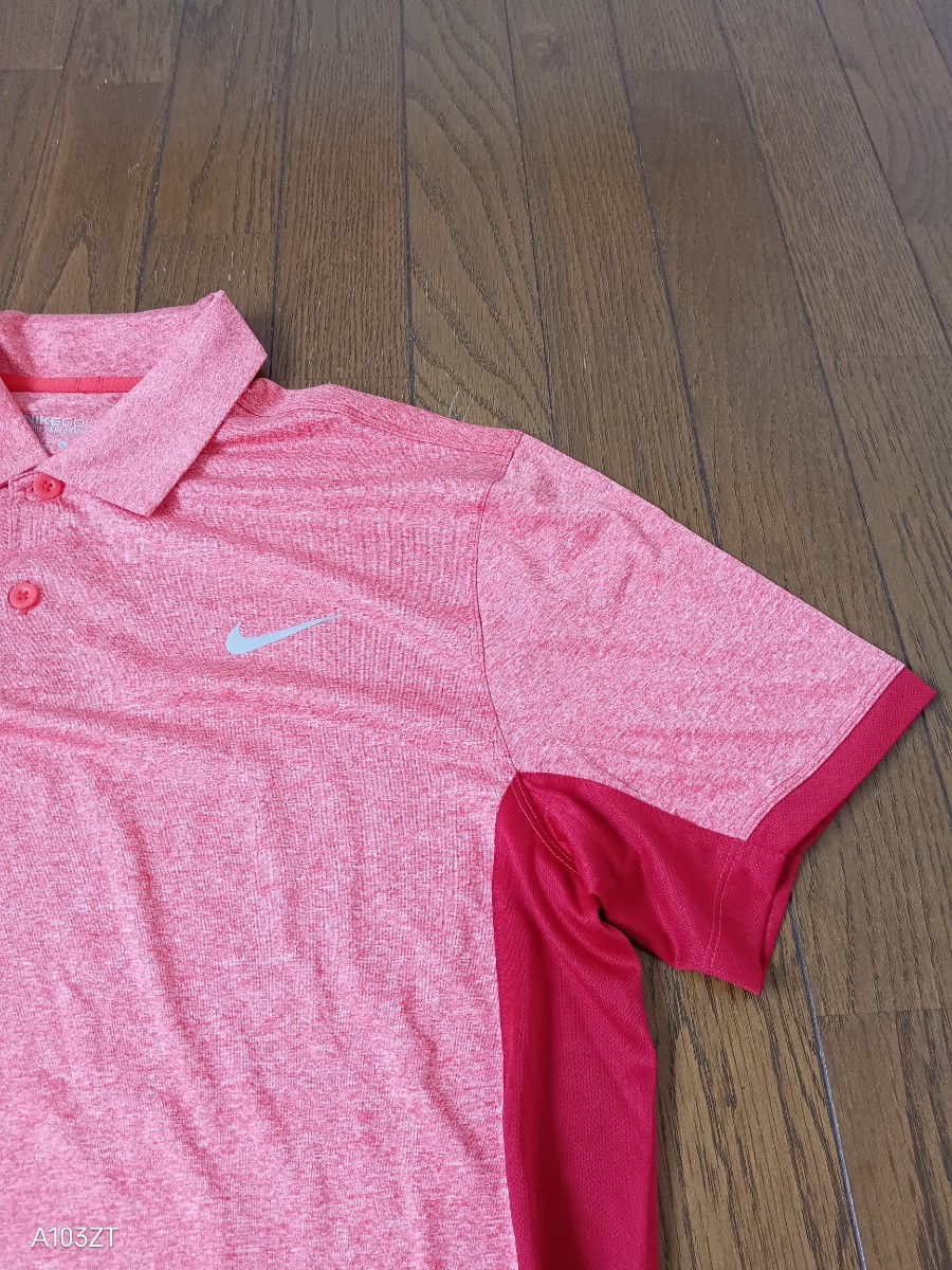 【中古品】NIKEGOLFナイキゴルフ DRY-FIT　半袖ポロシャツ　ゴルフウェア　速乾性素材　サーモンピンク赤　メンズサイズＬ_画像6