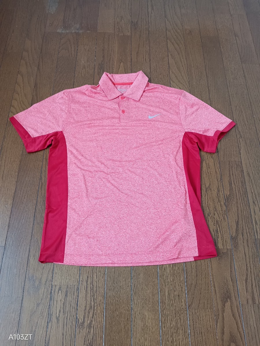 【中古品】NIKEGOLFナイキゴルフ DRY-FIT　半袖ポロシャツ　ゴルフウェア　速乾性素材　サーモンピンク赤　メンズサイズＬ_画像1