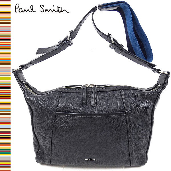 定価4.1万 良品！ポールスミス ロゴプレート 牛革 オールレザー ダブルZIP ショルダーバッグ 黒 ■Paul smith本革_画像1