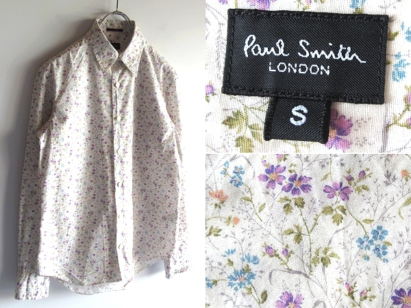 ネコポス対応 Paul Smith LONDON ポールスミス 花柄/フラワー柄 フローラルプリント シャツ S マルチ ホワイト パープル ブルー オレンジ_画像1