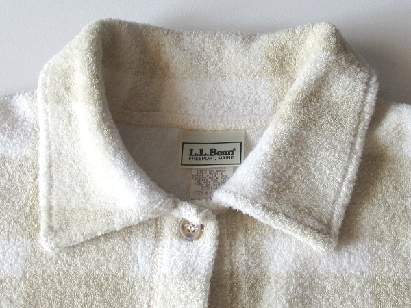 状態良好 80s-90sビンテージ L.L.BEAN エルエルビーン タオル地 パイル チェックシャツ M ベージュ 白 USA製 ワイド ゆったり 男女着用可