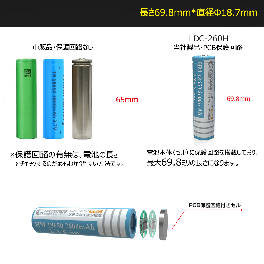 GOODGOODS 18650 rechargeable battery lithium ion battery 18650 PSE certification multiple protection circuit attaching . charge protection 2600mAh flashlight disaster prevention lantern LDC-260H