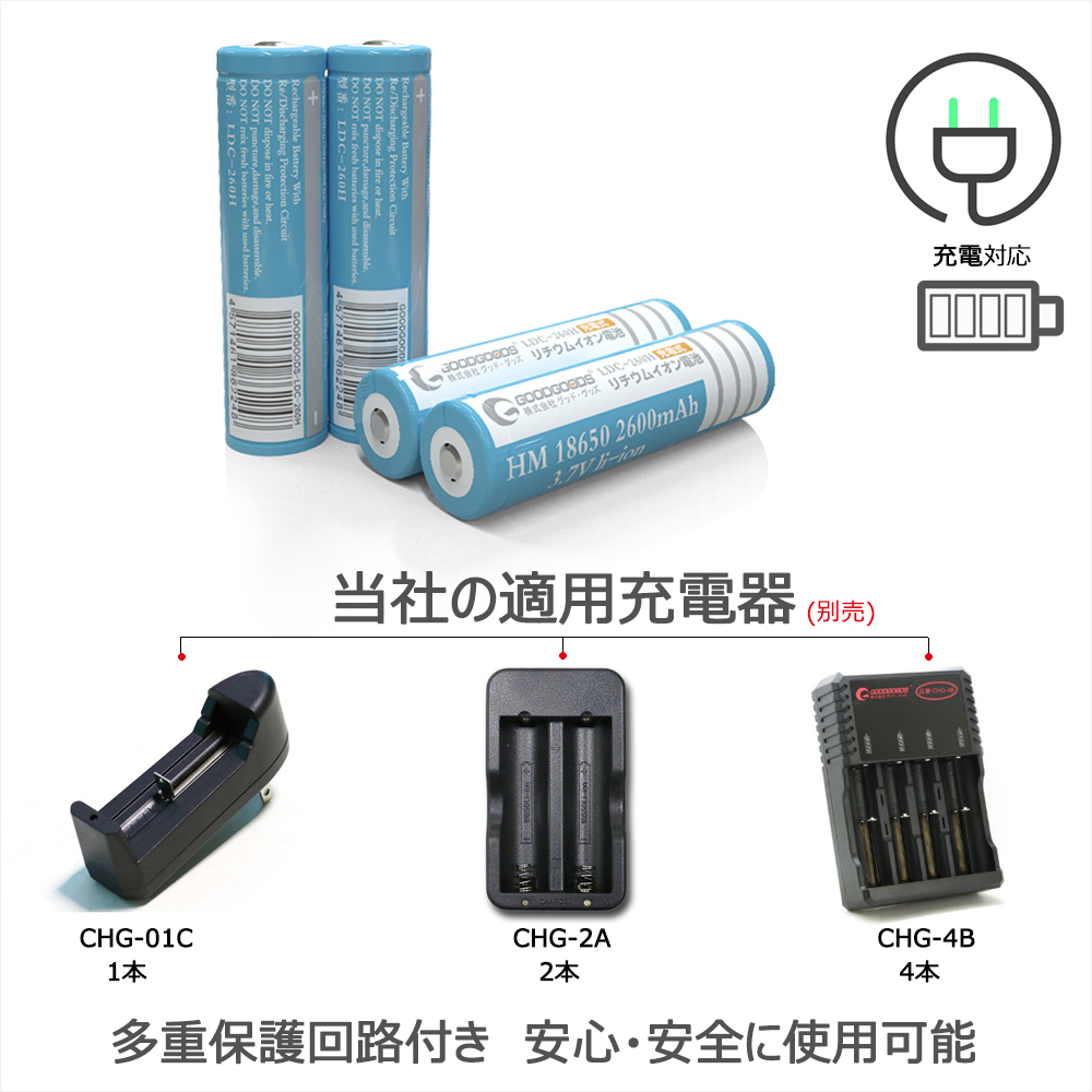 GOODGOODS 18650充電池 リチウムイオンバッテリー 18650 PSE認証 多重保護回路付き 過充電保護 2600mAh 懐中電灯 防災 ランタン LDC-260H_画像9