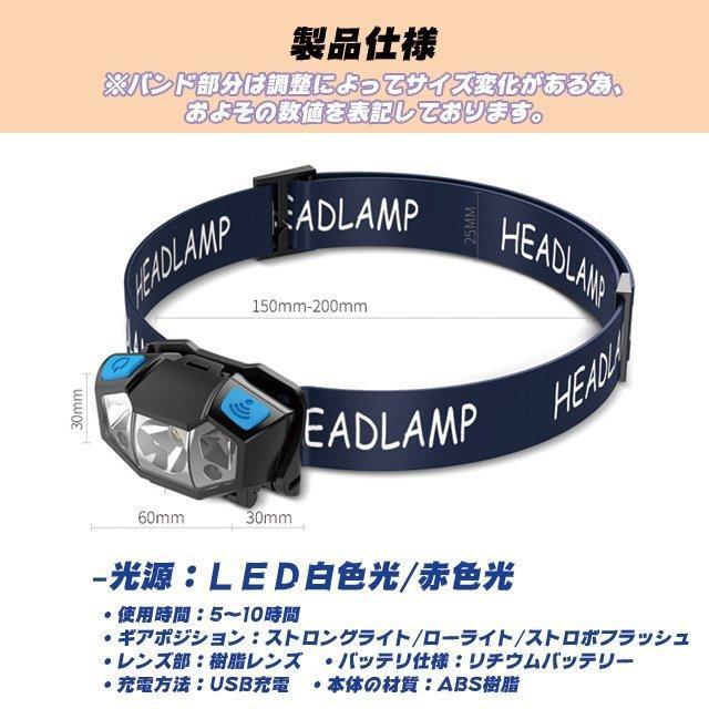 ヘッドライト LED 充電式 ヘッドランプ 強力 センサー 防水 ライト 釣り 登山 アウトドア 作業用 防災品 ネイビー - 3