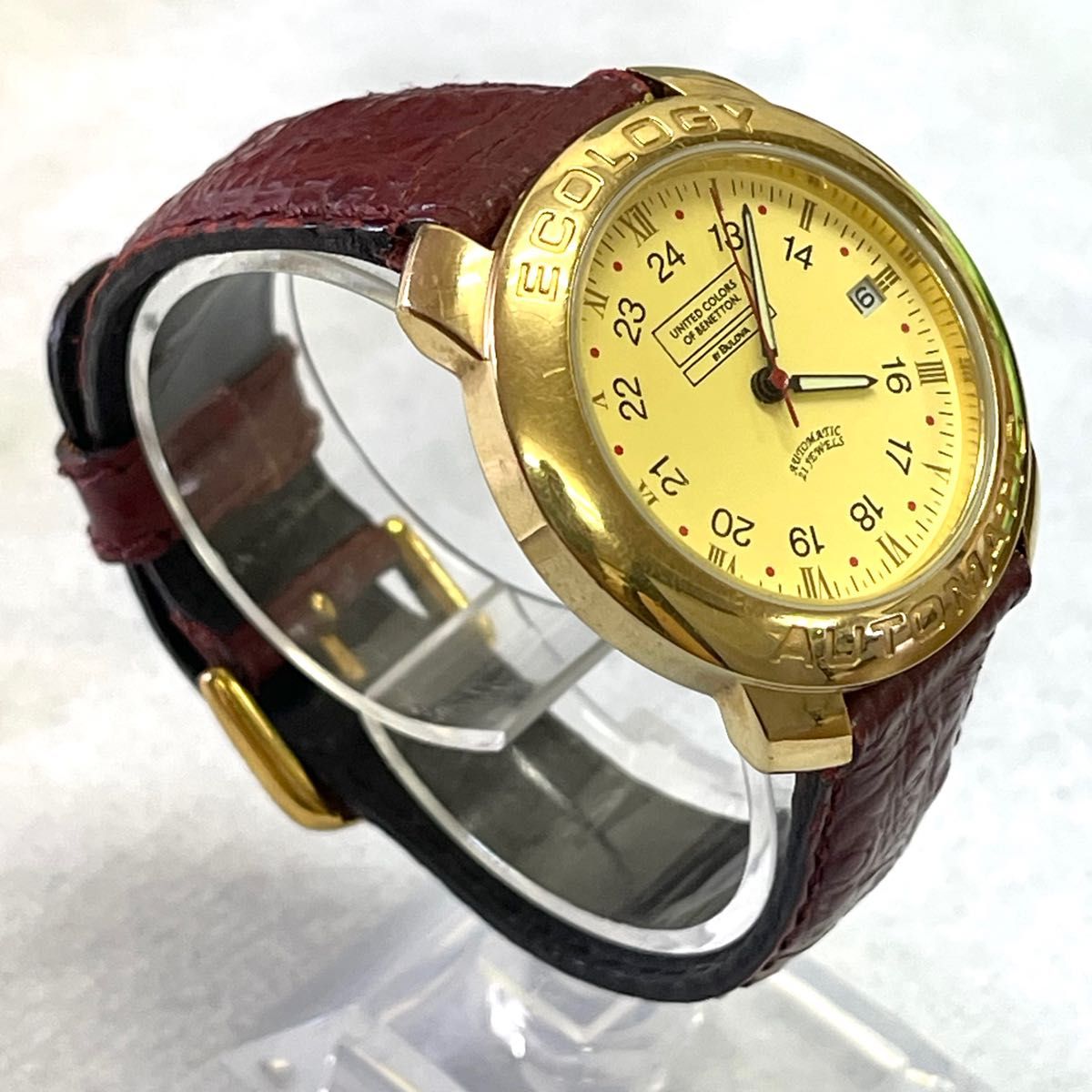 稼働　良品　BENETTON BULOVA 自動巻き　メンズ腕時計　ヴィンテージ　裏スケ　ゴールド　エコロジー　ブローバ　ベネトン