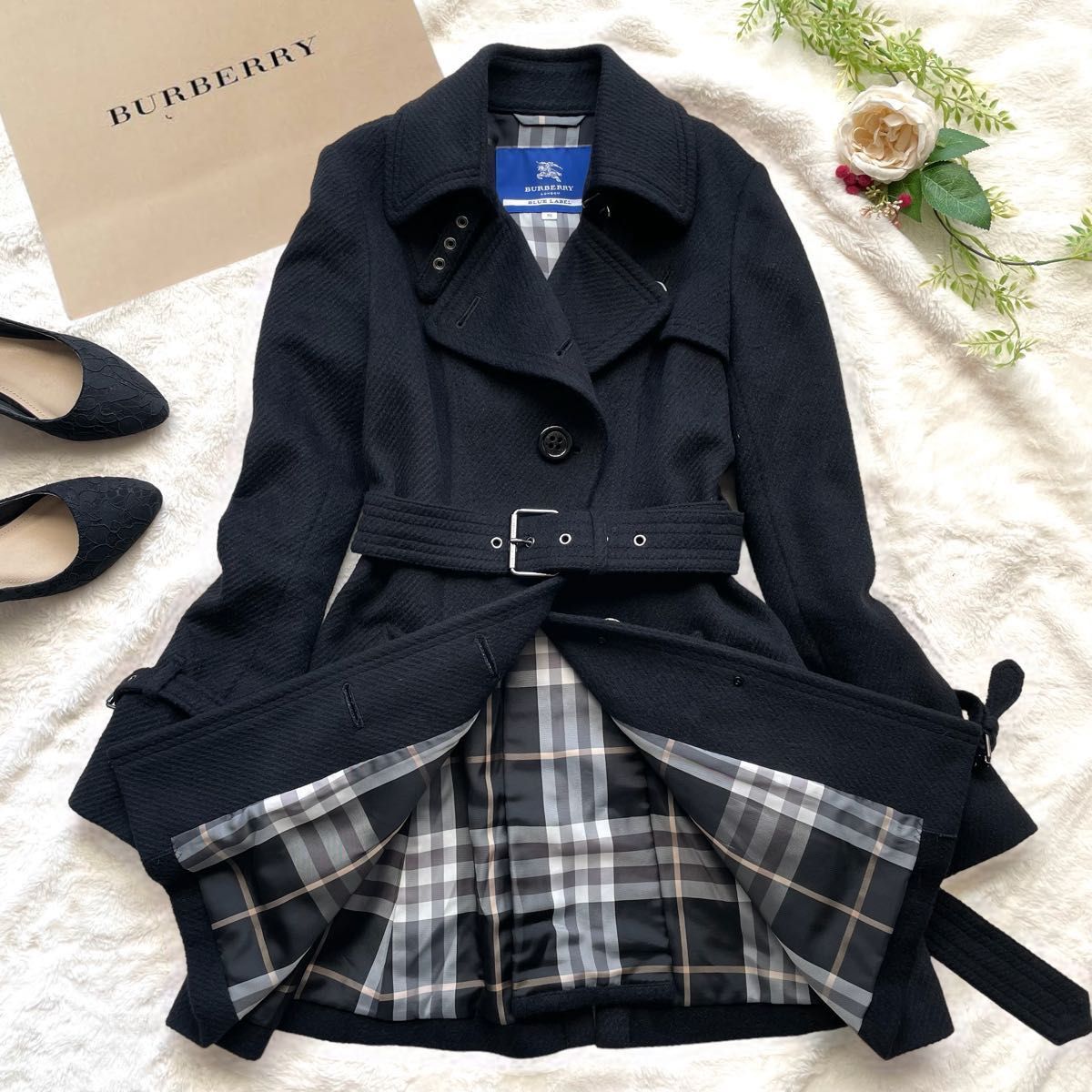 BURBERRY BLUE LABEL アンゴラ混 ダブルコート メガチェック