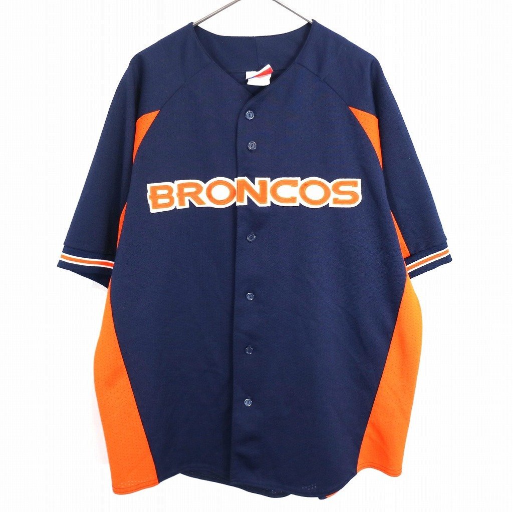 90年代 USA製 Majestic マジェスティック BRONCOS ベースボールシャツ 半袖 刺繍 ネイビー (メンズ XL) 中古 古着 O1223