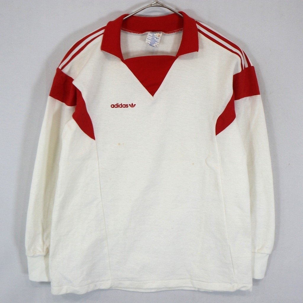 70年代 フランス製 adidas アディダス 長袖サッカーシャツ シングルステッチ トレフォイルロゴ前期 ホワイト (メンズ M) 中古 古着 O2152