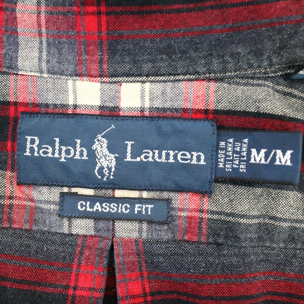 RALPH LAUREN ラルフローレン チェック長袖シャツ 刺繍 ワンポイントロゴ CLASSIC FIT レッド (メンズ M) 中古 古着 O3234_画像9