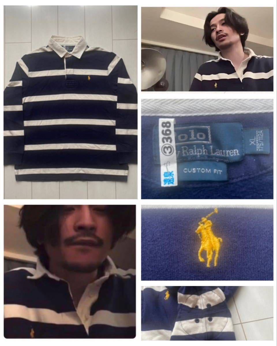 送料無料 美品 POLO ラルフローレン 長袖 ボーダー ラガー シャツ custom fit navy ネイビー 紺 sport rrl rlx  country stadium XL常田大希