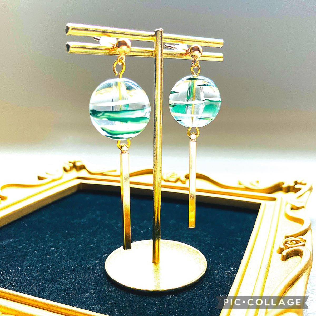 * wind bell earrings green * ear decoration hand made accessory lady's beads earrings swaying pretty green kimono small articles 