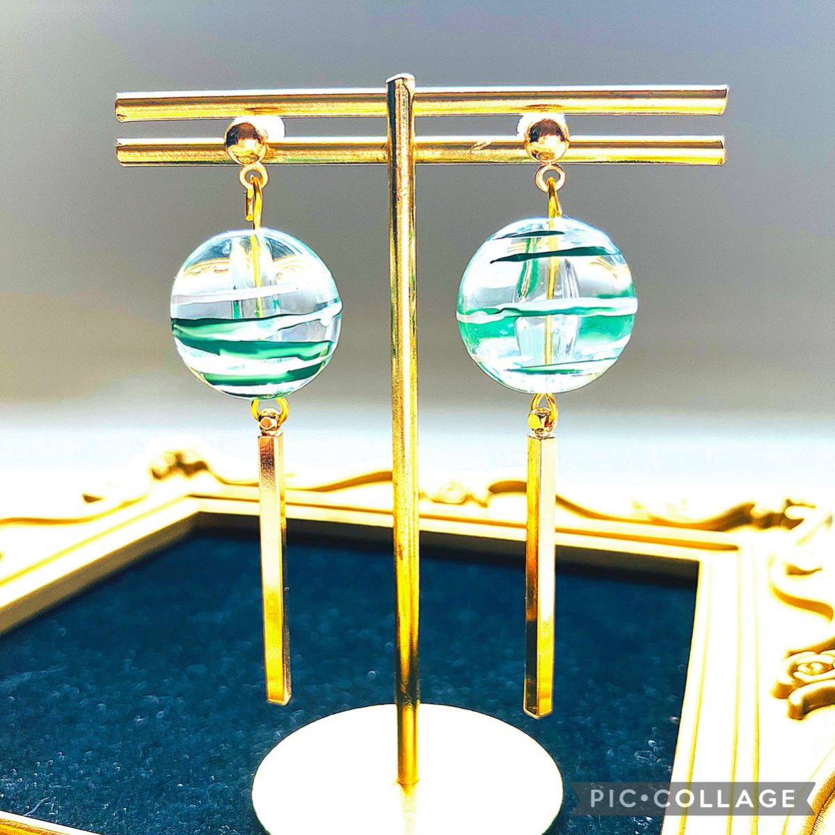 * wind bell earrings green * ear decoration hand made accessory lady's beads earrings swaying pretty green kimono small articles 