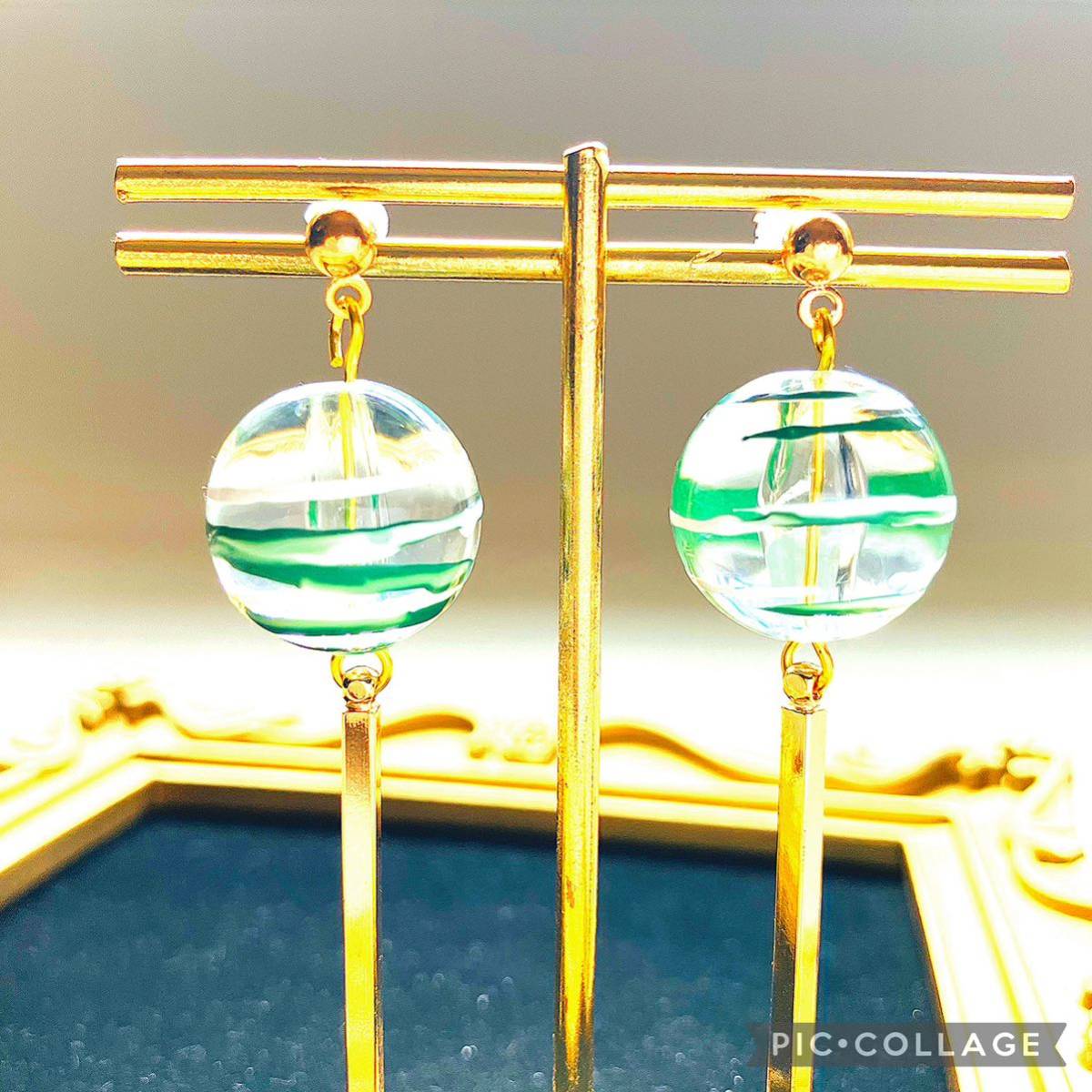 * wind bell earrings green * ear decoration hand made accessory lady's beads earrings swaying pretty green kimono small articles 