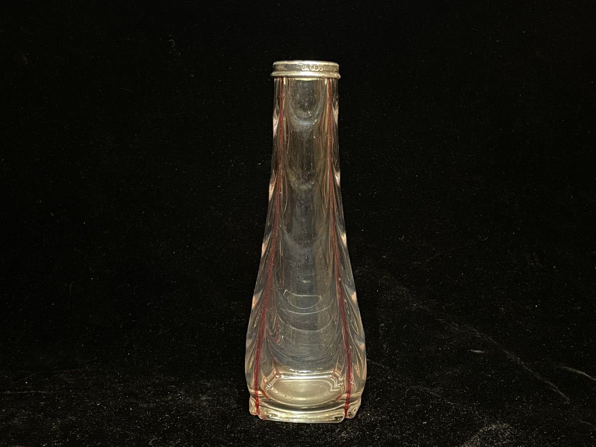 フランスアンティーク 19世紀 純銀製 縁 ホールマーク 花瓶 ガラス 色付花瓶 波模様