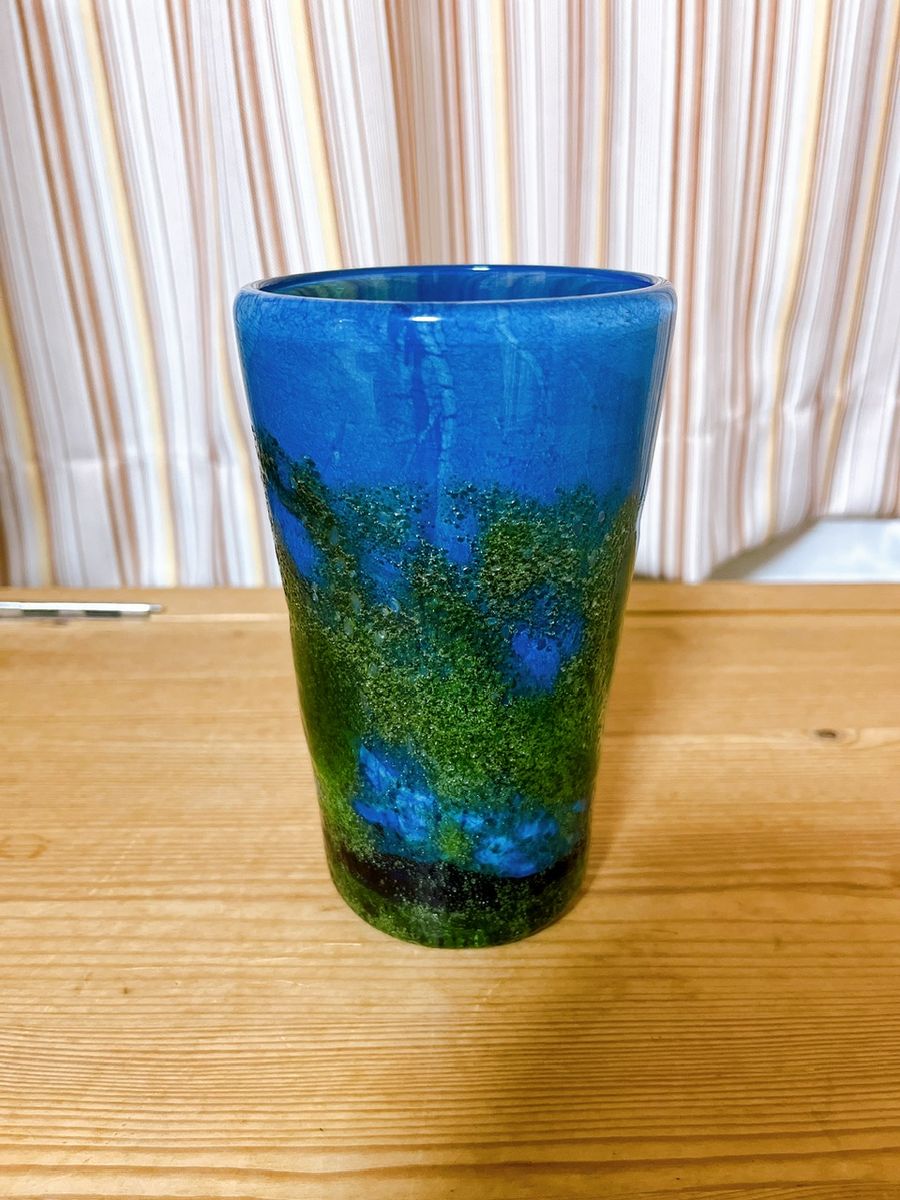 琉球ガラス　稲嶺盛一郎作　オーロラ緑泡波巻グラス